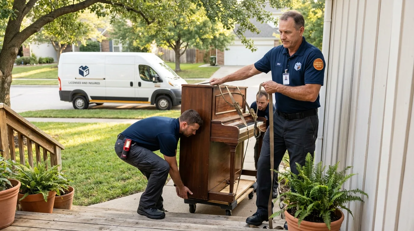 Licensed piano movers securing grand piano in Glen Rose, TX