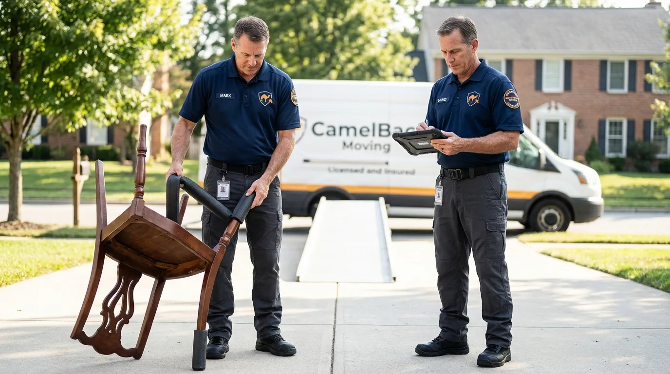 Movers inspecting furniture for damage prevention before loading in Glen Rose, TX