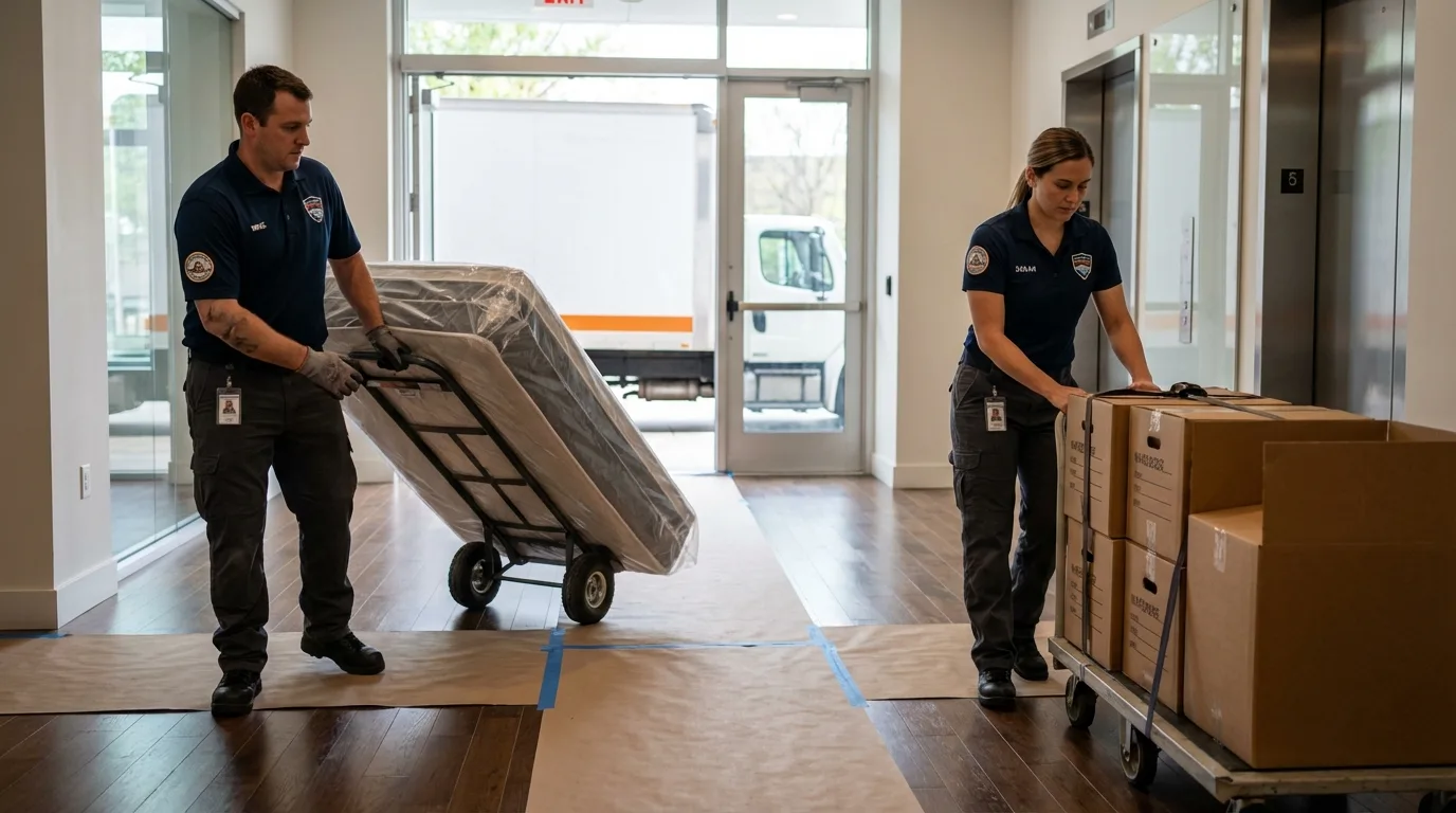 Professional apartment movers loading elevator in Glen Rose, TX